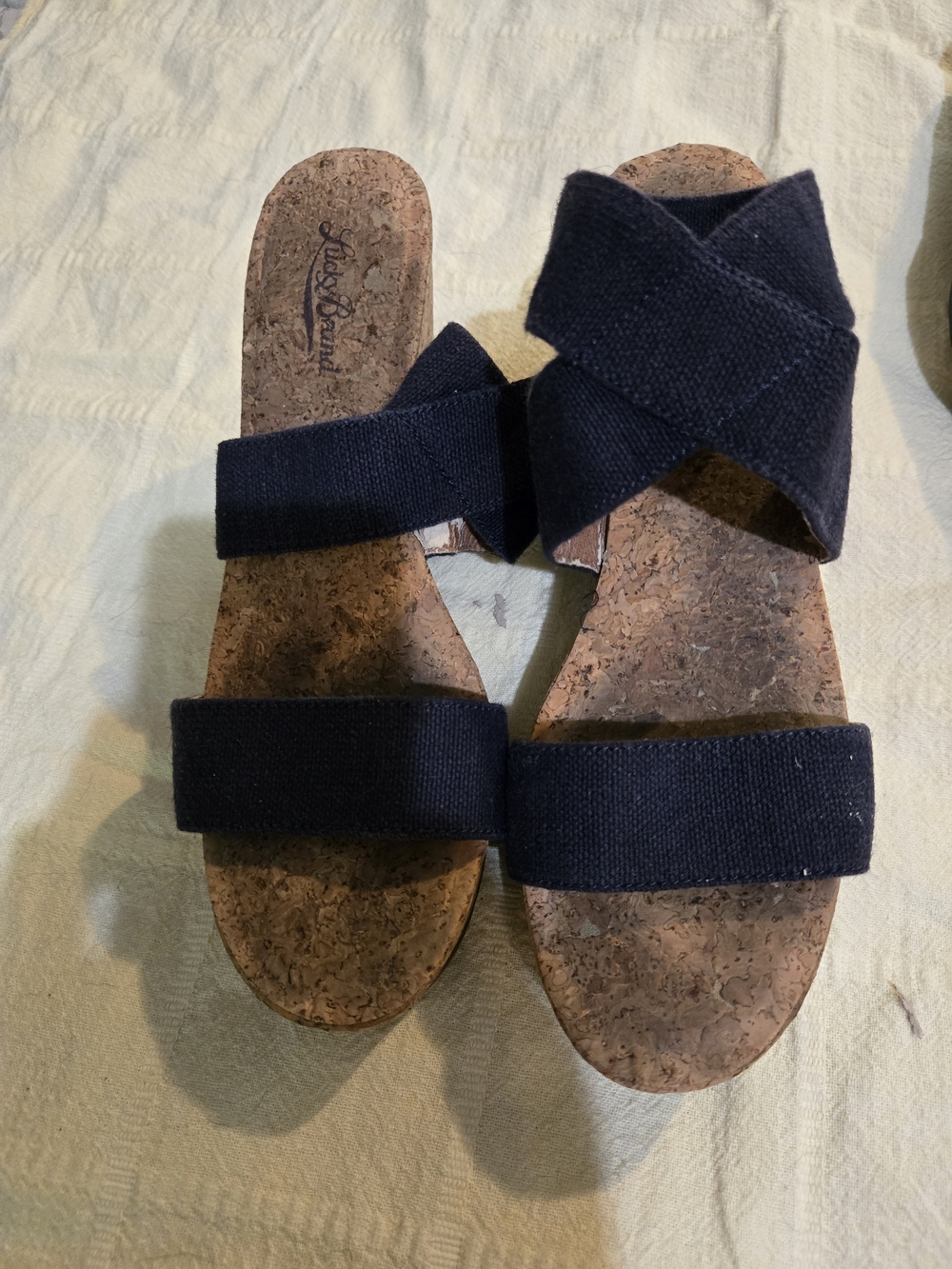 Lucky Brand Navy Cork Slide Sandals with Crisscross Strap